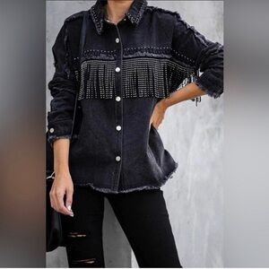 Vici Black Studded Denim Jacket Western Fringe Jacket Tassel Jean Womens S Top